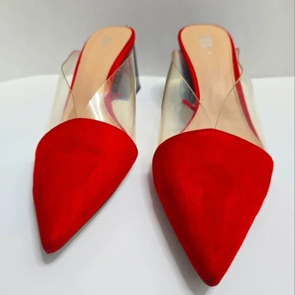 Zara Chunky Block Heeled Mules Vinyl Red High Heels Sexy Business Chic Size US 9 - Picture 7 of 12